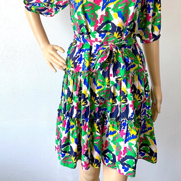 XS Summer Dress Ruffled Tiered Skirt Puffed Sleeves Colorful Abstract Botanical - Picture 8 of 9